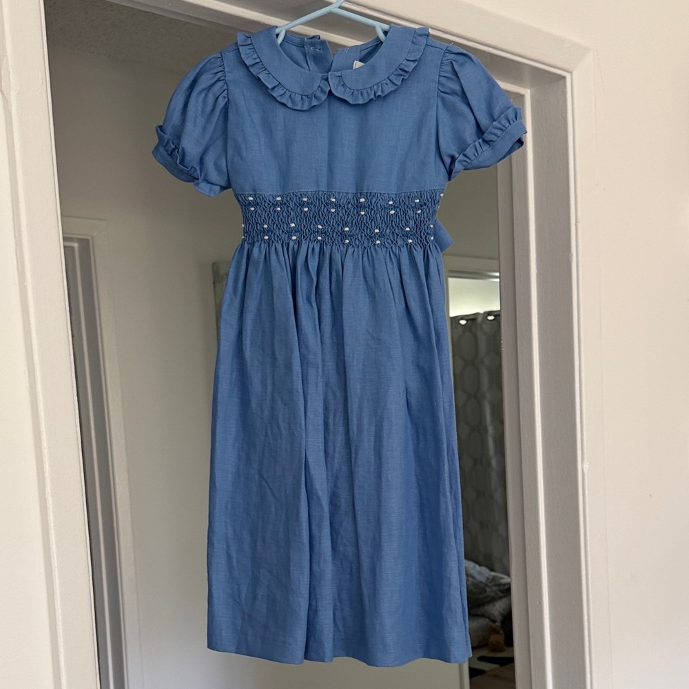 Made in Italy Blue Girls Dress with Ruffled Collar - 100% linen
